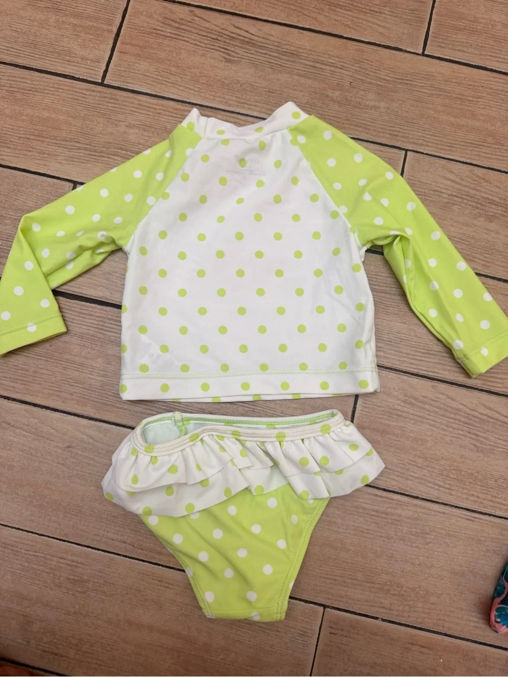 Little Me Lime Green & White Polka Dot Rashguard Set with Pink Flamingo